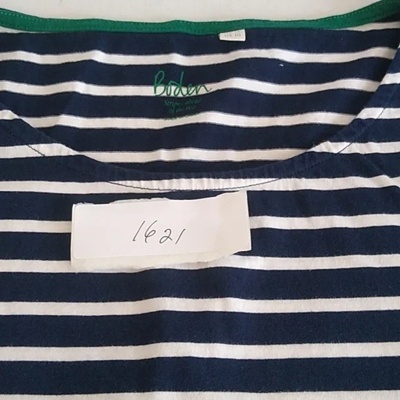 Boden Navy Blue White Striped T Shirt Rainbow Cuffed Short Sleeves Size 10 - Picture 10 of 10